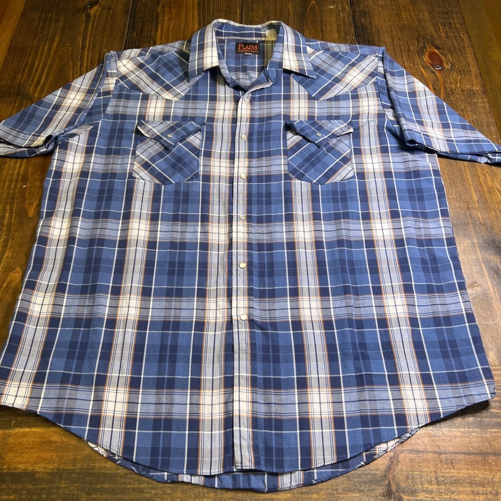 Plains Western Wear Mens XL Blue Plaid Short Sleeve Pearl Snap Shirt Cowboy